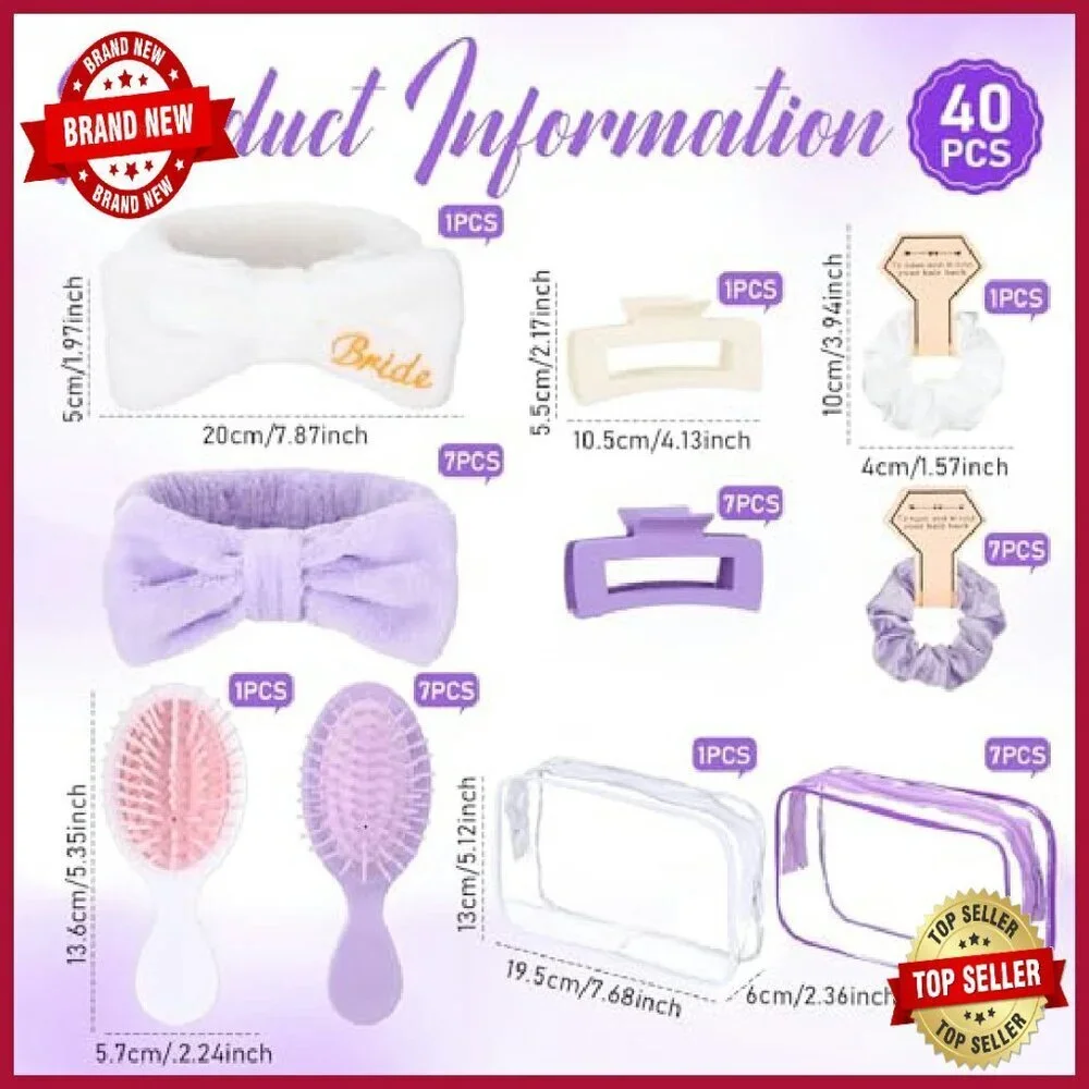 40pc Bridal Party Hair Accessory Set with Makeup Bag Scrunchies Clips